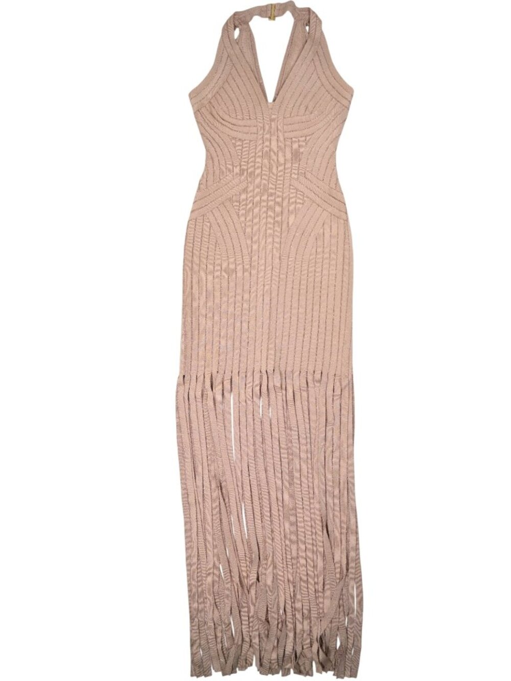 Herve Leger Gweneth Metallic Fringe Maxi Halter Dress in Pink